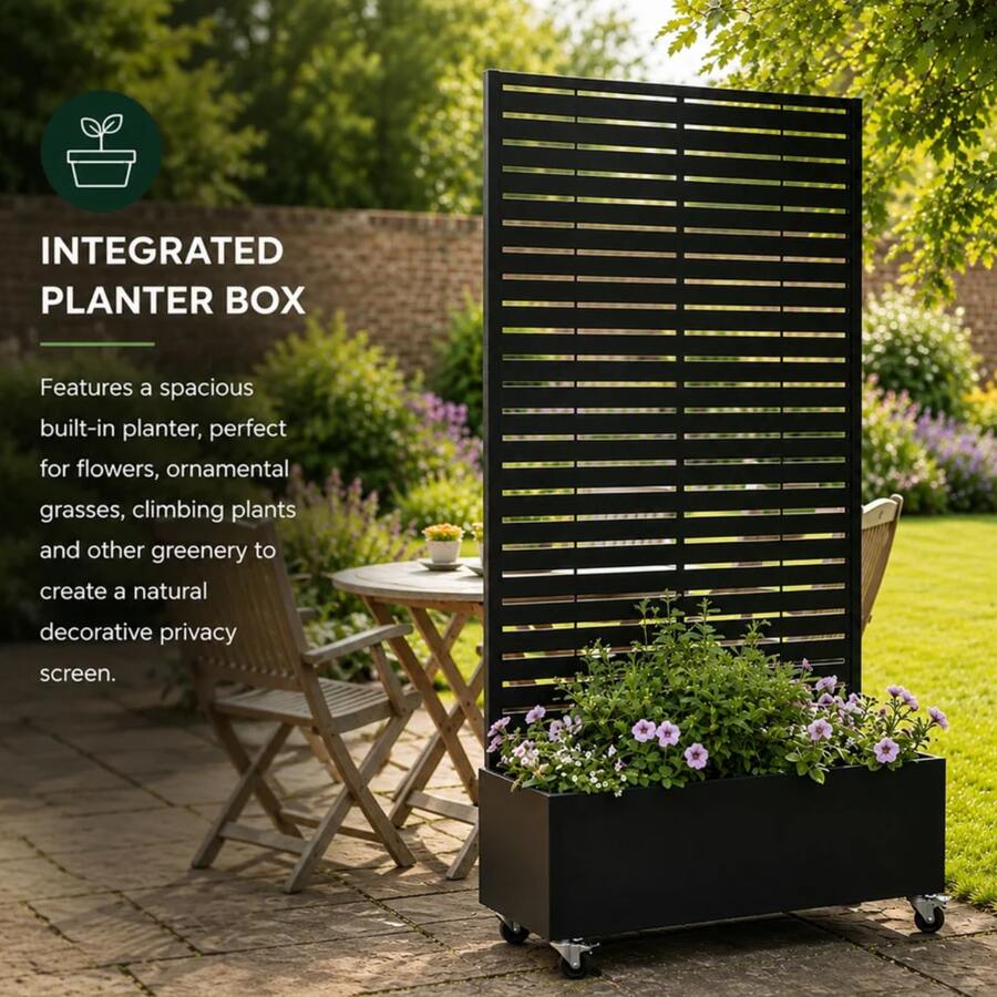 Galvanized Steel Screen Planter With Wheels, Movable Metal Raised Garden Bed, Privacy Partition Trellis, Suitable For Courtyards, Balconies, And Terraces - Black - View 1