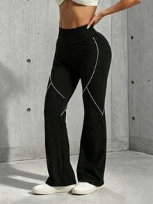 Hidkat Women's Fashion Solid Color High Waist Slim Fit Yoga Sports Knit Flare Pants - Black - View 3