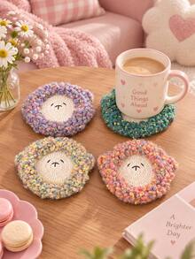Cute Sheep Face Coaster, Polyester Crochet-Style Cup Mat, Soft Textured Table Decor For Coffee & Tea, Cute Home Decor, Fall Decor, Autumn Decor, Thanksgiving Decor, Christmas Decor, Holiday Gift, Room Decor, Coffee Table Decoration - Multicolor - View 1