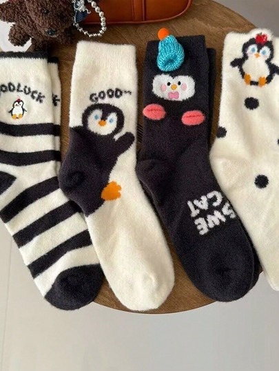 4/8pcs Mid-Calf Cartoon Socks: Autumn/Winter Cartoon Penguin Theme Warm Socks! Cute Theme, Fashion Choice! Fun Design, Perfect Match For Outfits! Warm Sleeping Socks Suitable For The Season, Ideal Gift For Christmas And New Year; Home Warm Sleeping Socks, Essential For Cold Weather, Great Collection For Sock Lovers; Comfortable Home Socks, Casual And Versatile, Fashionable And Comfortable, Suitable For Fashion Enthusiasts' Daily Wear; Durable And Long-Lasting, Fashionable Women's Choice, Thickened Warmth. 1 Pair