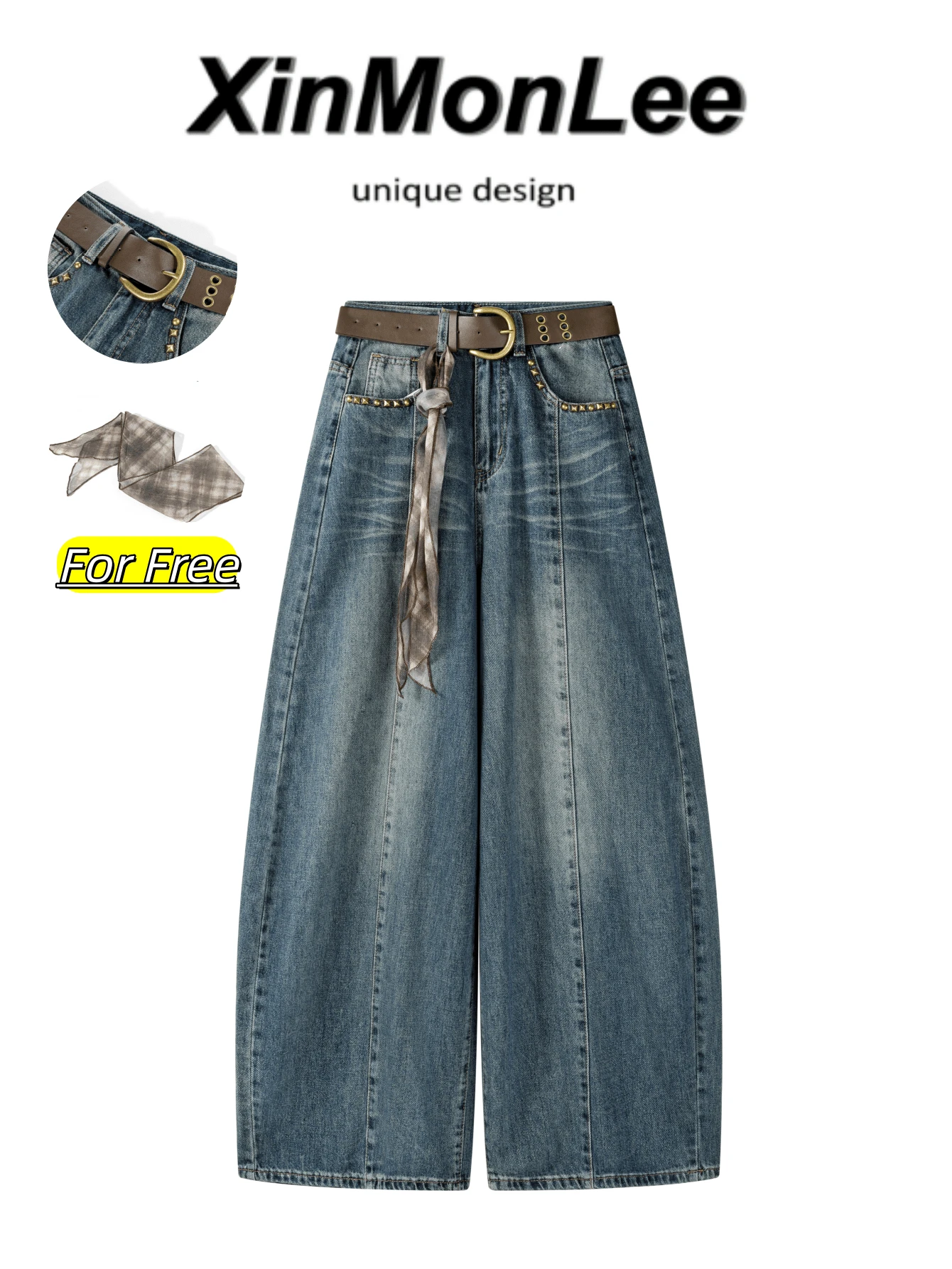 Jeans femme vintage américain délavé et usé, jambe courbe et large, taille haute amincissante, pantalon long élégant pour voyage, décontracté, vacances, début d'automne - Bleu azur - Voir 1