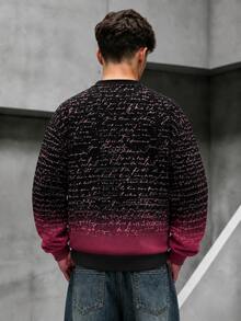 Krometka Men's Gradient Tie-Dye Crew Neck Sweatshirt, Full Print Handwritten English Manuscript Graphic Loose Fit Long Sleeve Top - Black - View 6