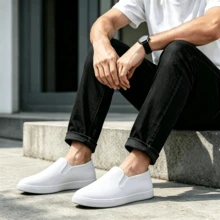 Black Canvas Slip-On Shoes, Lightweight Breathable Casual Slip-On Design, Suitable For All Seasons, Daily Commute, Outdoor Walking, Vacation - White - View 4