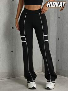 Hidkat Women's Fashion Solid Color High Waist Elastic Fitted Yoga Casual Sports Knit Long Pants - Black - View 1