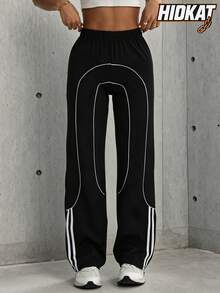 Hidkat Women's Solid Color High Waist Elastic Band Stretch Yoga Casual Sports Knit Long Pants - Black and White - View 1