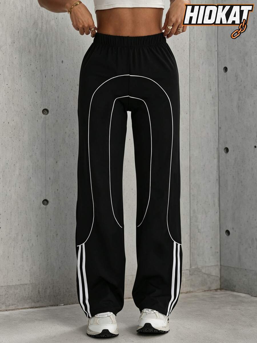 Hidkat Women's Solid Color High Waist Elastic Band Stretch Yoga Casual Sports Knit Long Pants - Black and White - View 1