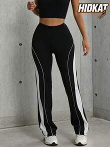 Hidkat Women's Fashion Solid Color Patchwork High Waist Elastic Yoga Casual Sports Knit Long Pants - Black and White - View 1