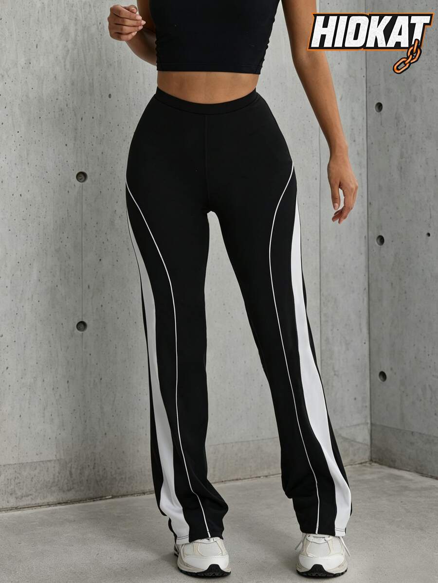 Hidkat Women's Fashion Solid Color Patchwork High Waist Elastic Yoga Casual Sports Knit Long Pants - Black and White - View 1