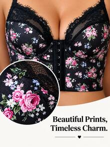 Soft Floral Print Satin Lace Wire Free Front Closure Longline Bra Plus Size Women Lingerie - Multicolor - View 4