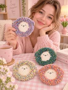 Cute Sheep Face Coaster, Polyester Crochet-Style Cup Mat, Soft Textured Table Decor For Coffee & Tea, Cute Home Decor, Fall Decor, Autumn Decor, Thanksgiving Decor, Christmas Decor, Holiday Gift, Room Decor, Coffee Table Decoration - Multicolor - View 4