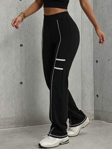 Hidkat Women's Fashion Solid Color High Waist Elastic Fitted Yoga Casual Sports Knit Long Pants - Black - View 3