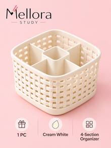 1pc 4 Compartments Imitation Rattan Desk Organizer, PP Woven Storage Box, Multi-Grid Desktop Storage Basket For Stationery Cosmetics, Office Vanity Table Organizer - Multicolor - View 6