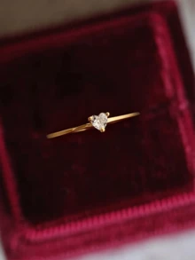 1 pieza Anillo de oro de 18K chapado en acero inoxidable para mujer, con piedra de circonita en forma de corazón, joyería resistente al agua, estilo Ins, joyería para mujer, regalo exquisito, anillo con piedra preciosa, regalo del Día de San Valentín, anillo elegante - Dorado - Ver 2
