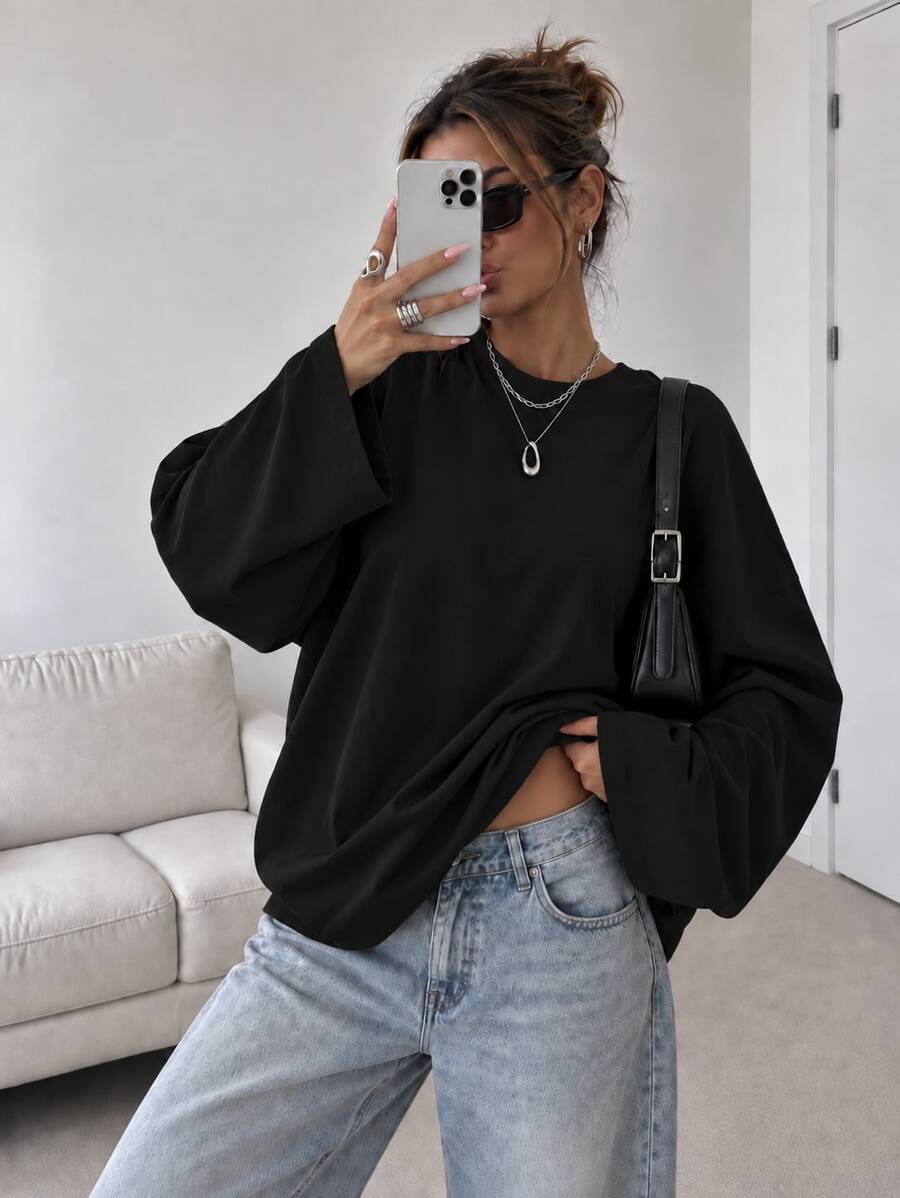 Women's Fashion Long Sleeve Crew Neck Regular Fit Loose T-Shirt, Versatile Casual Autumn/Winter New Plus Size Top, Autumn Essential Easy To Style - Black - View 1