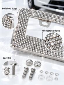 Sparkling License Plate Frame, Crystal Bling Rhinestone Stainless Steel Women's License Plate Frame, Diamond Car Exterior Accessories, Perfect Gift For Girls, Car Accessories, Fits Most Models - A - View 2