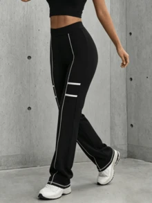 Hidkat Women's Fashion Solid Color High Waist Elastic Fitted Yoga Casual Sports Knit Long Pants - Black - View 5