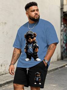 Men's Street Fashion Casual Series " Leather Bear" Pattern Design Sportswear Set - Polyester Knit Fabric, Round Neck Design, Drawstring Shorts, Pocket Details, Regular Fit, Suitable For Plus Size - Dusty Blue - View 1