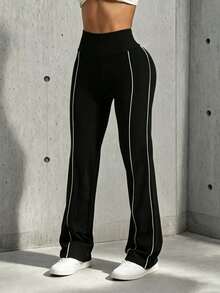 Hidkat Women's Fashion Solid Color High Waist Casual Yoga Sports Knit Flare Pants - Black - View 4
