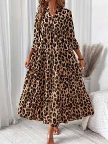Plus Size Women's Leopard Print Long Dress, Fashion Layered Ruffle Hem Loose Dress With 3/4 Sleeves And Notch Neck - Mocha Brown - View 2