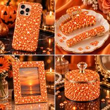 Orange Iridescent Flat Resin Rhinestones, 12-Grid Box Assorted Size Round Rhinestones, Handmade DIY Rhinestone Accessories, Cup, Notebook, Makeup Mirror Decoration, Halloween, Autumn Handmade Craft, Clothing, Phone Case DIY Shiny Decorative Supplies - Orange - View 2