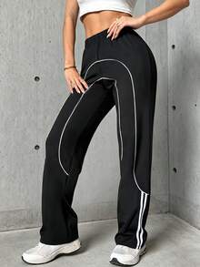 Hidkat Women's Solid Color High Waist Elastic Band Stretch Yoga Casual Sports Knit Long Pants - Black and White - View 3