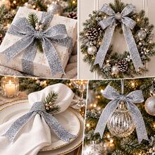 5 Yards Silver Glitter Ribbon, 3.8cm Christmas Sequin Glitter Satin Ribbon, DIY Bow Handmade Supplies, Holiday Gift Box Packaging, Christmas Tree Decoration, Tableware Napkin Tie, Greeting Card Decoration, With Subtle Glitter, Winter Christmas Party Atmosphere Handmade Decorative Ribbon - Silver - View 5