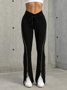 Hidkat Women's Fashion Solid Color High Waist Drawstring Tie-Up Fitted Sports Knit Flare Pants - Black - View 3