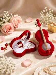 Caja de Joyas de Terciopelo con Forma de Violín & Broche de Violín con Strass, Estuche de Almacenamiento de Labial Mini Lindo para Aretes Anillos Collares, Tema Musical Creativo - Multicolor - Ver 4