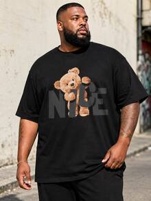 Men's Plus Size Streetwear Casual Cartoon Series "NICE Brand Plush Bear!" Graphic Design Sportswear - Polyester Knit Fabric, Crew Neck Design - Black - View 1
