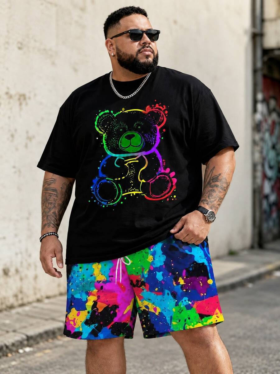 Plus Size Men's Street Casual Cartoon Series "Cute Graffiti Cool Bear" Pattern Design Sportswear Set - Polyester Knit Fabric, Round Neck Design, Drawstring Shorts, Pocket Details, Regular Fit, Suitable For Plus Size - Black - View 1