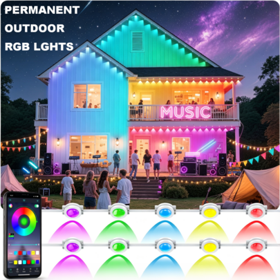 177FT Permanent Outdoor Eave Lights RGB LED Strip Lights Smart App Control IP68 Waterproof Decorative Lights For House Roof Eaves, Suitable For Halloween, Christmas, Backyards, Patios, Pools, And Outdoor Decorations
