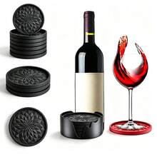 6pcs Thick Solid Color Round Silicone Coaster Set With Storage Rack, Minimalist Non-Slip Heat-Resistant Coasters, Reusable Table Mats, Suitable For Dining Table, Cafe, Picnic, Birthday And Holiday Party - Multicolor - View 1
