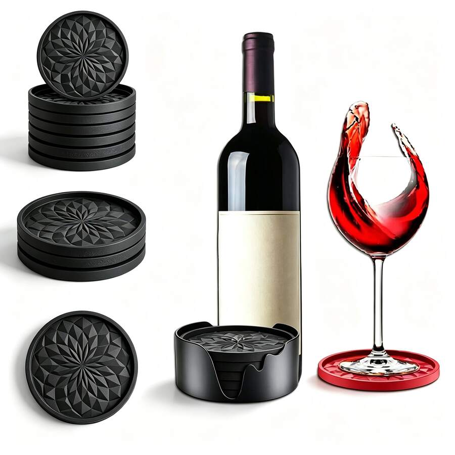 6pcs Thick Solid Color Round Silicone Coaster Set With Storage Rack, Minimalist Non-Slip Heat-Resistant Coasters, Reusable Table Mats, Suitable For Dining Table, Cafe, Picnic, Birthday And Holiday Party - Multicolor - View 1