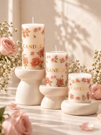Rose Printed Pillar Candle, Floral Scented Candle, Vintage Style Decorative Candle, Romantic Home Decor Ornament, Handmade Aesthetic Candle, Suitable For Bedroom, Living Room, Coffee Table Decoration, Gift For Her, Wedding, Birthday, Holiday Decoration
