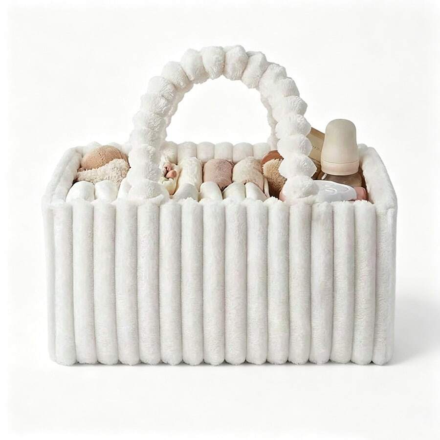 Plush Baby Diaper Storage Bag, Large Capacity Diaper Organizer Tote Bag For Moms - White - View 1