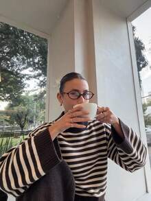 MORI Fall Winter Women Sweaters Elegant Casual Y2K Brown Striped Mock Neck Wide Bell Sleeve Drop Shoulder Oversized Loose Knit Pullover Top - Brown - View 9