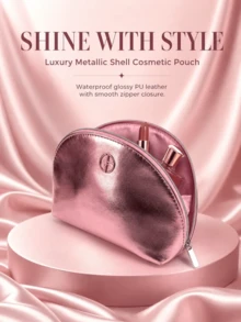 Armani Metal Pink Shell-Shaped Zipper Makeup Bag, Women's Toiletry Bag, Luxury Shiny Portable Cosmetic Pouch For Travel, Makeup And Skincare Storage, Versatile Handbag For Commute, Date And Party - Metallic Pink Shell-shaped Makeup Bag - View 4