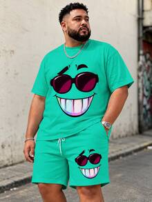 Plus Size Men's Street Casual Cartoon Series "Funny Sunglasses Face" Pattern Design Sportswear Set - Polyester Knit Fabric, Round Neck Design, With Drawstring Shorts, Pocket Details, Regular Fit, Suitable For Plus Size - Mint Green - View 1