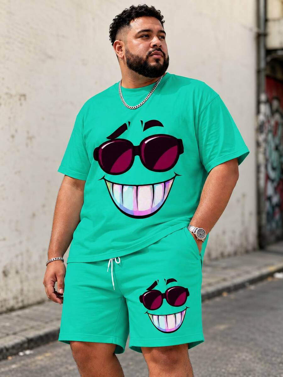 Plus Size Men's Street Casual Cartoon Series "Funny Sunglasses Face" Pattern Design Sportswear Set - Polyester Knit Fabric, Round Neck Design, With Drawstring Shorts, Pocket Details, Regular Fit, Suitable For Plus Size - Mint Green - View 1