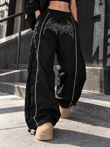Women's Black Printed Wide Leg Sweatpants, Contrast Trim, Elastic Drawstring Waist, Casual Streetwear Long Pants - Black - View 1
