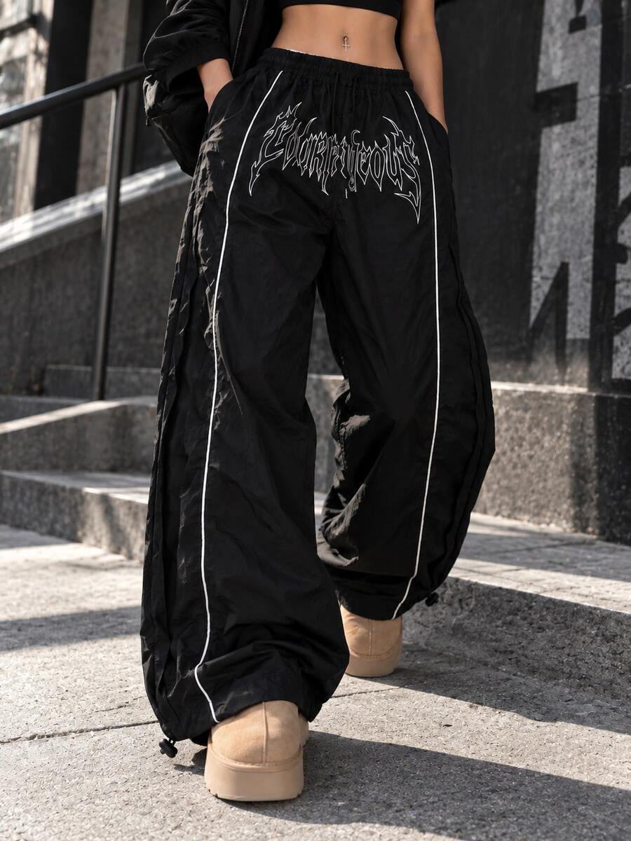 Women's Black Printed Wide Leg Sweatpants, Contrast Trim, Elastic Drawstring Waist, Casual Streetwear Long Pants - Black - View 1