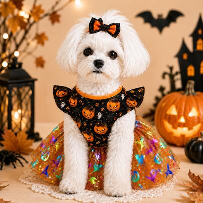 Vestido Tutú de Calabaza de Halloween para Perros con Lazo Grande y Mangas con Volantes, Falda de Tul Brillante con Estampados de Bruja y Murciélago, Atuendo Lindo de Vacaciones para Perros y Gatos Pequeños y Medianos