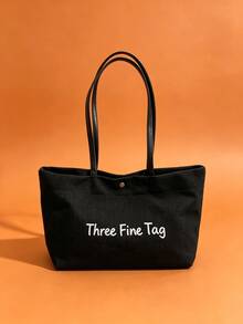 Tas Tote Kanvas Motif Huruf Minimalis Wanita, Tas Bahu Kapasitas Besar, Tas Tangan Kancing Jepret Portabel, Tas Wanita untuk Perjalanan Sehari-hari ke Kantor - MultiWarna - View 2