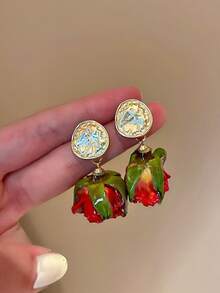 1 Pasang Anting Liontin Bunga Mawar Kering Gaya Prancis, Cocok untuk Perjalanan Sehari-hari dan Serbaguna - Merah - View 1