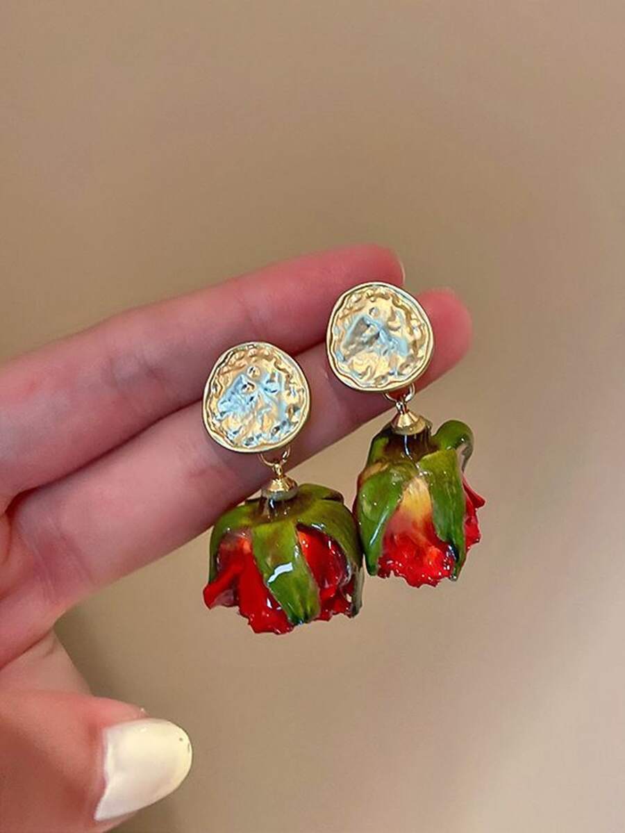 1 Pasang Anting Liontin Bunga Mawar Kering Gaya Prancis, Cocok untuk Perjalanan Sehari-hari dan Serbaguna - Merah - View 1