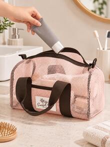 1pc Pink Mesh Toiletry Bag With Handle And Shoulder Strap, Portable Travel Toiletry Bag, Large Capacity Cosmetic And Bathroom Storage Bag, Suitable For Cosmetics, Skincare, Bath Products, Gym, Dorm, Vacation And Daily Storage - Multicolor - View 9