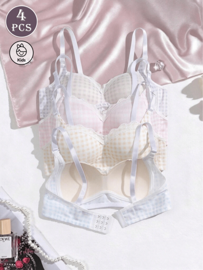 4pcs/Set Plaid Lace Teenage Bras, Suitable For 13-16 Years Old