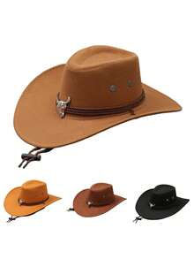 1pc Unisex Western Cowboy Hat, Metal Decor Band Adjustable Windproof Rope Wide Brim, Costume Hat, Photo Prop, Suitable For Theme Parties And Daily Wear. Head Circumference Size M, Length 39CM, Width 35CM - B - View 11