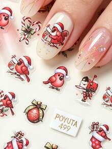 1pc Christmas Red Cardinal Bell Heart Candy Cane Colorful Ball & Signpost Nail Stickers, Self-Adhesive Glitter Nail Decals, Asymmetrical Shape, Cute Energetic Style, Ins-Inspired, Suitable For Theme Parties - Multicolor - View 2
