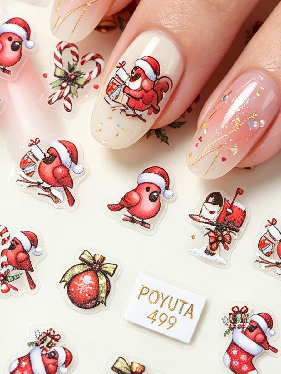 1pc Christmas Red Cardinal Bell Heart Candy Cane Colorful Ball & Signpost Nail Stickers, Self-Adhesive Glitter Nail Decals, Asymmetrical Shape, Cute Energetic Style, Ins-Inspired, Suitable For Theme Parties